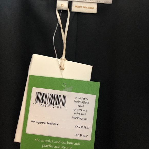 Kate Spade New York Black White Guipure Lace A-line Coat Size 0 - Picture 5 of 7